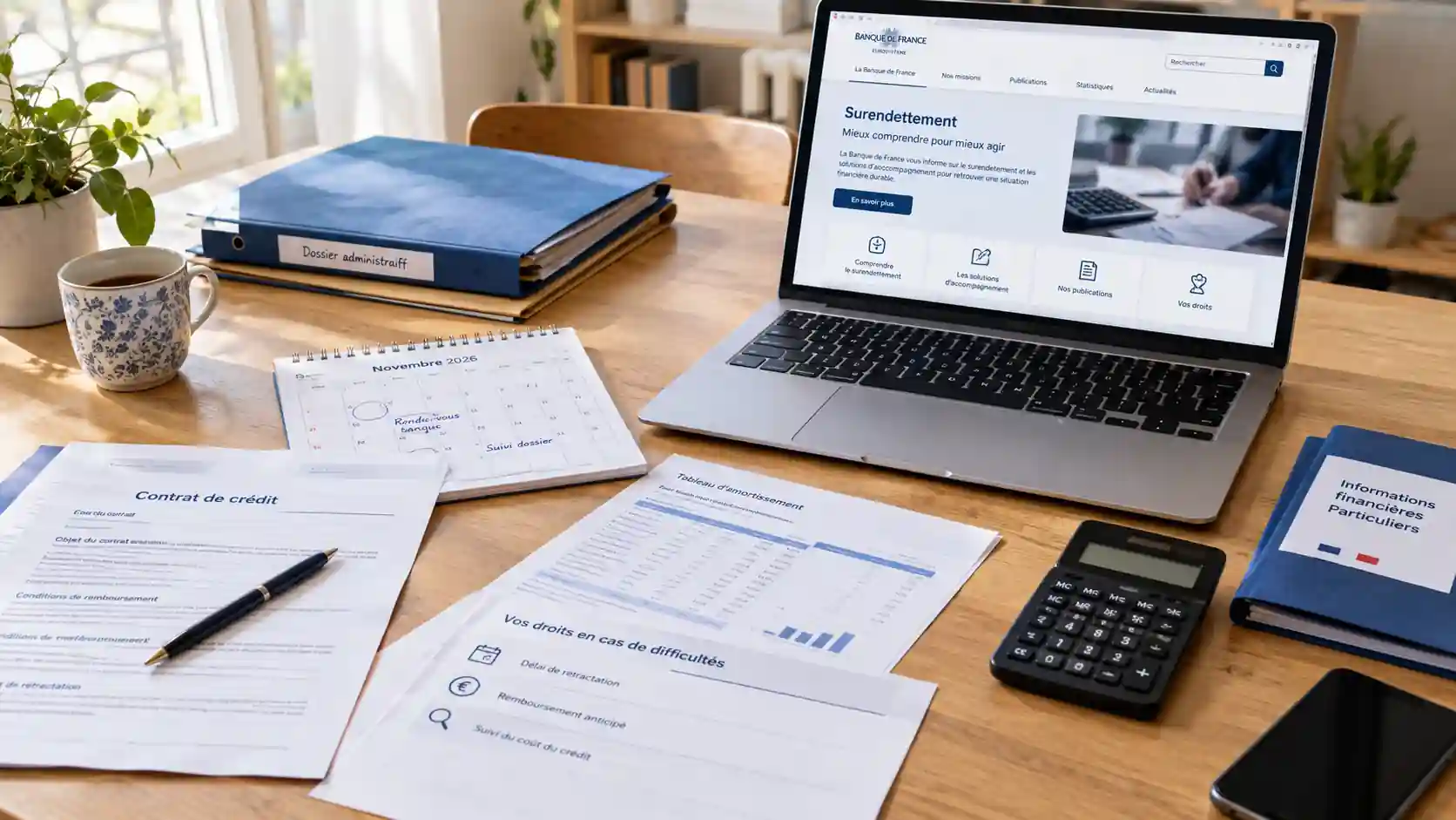 Documents de crédit et calendrier sur un bureau, avec la page Banque de France consacrée au surendettement affichée sur un ordinateur.