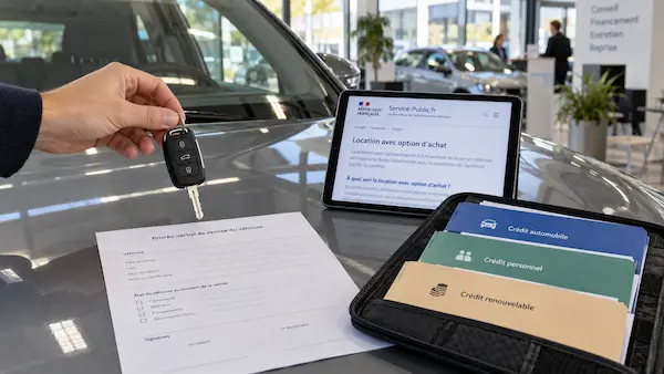 Clé de voiture au-dessus d’un document de cession, à côté de dossiers de crédits et d’une tablette présentant la LOA.