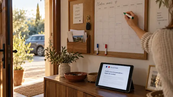 Préparation de la fin de LOA sur un calendrier familial, avec une clé de voiture et une tablette présentant les règles du crédit.